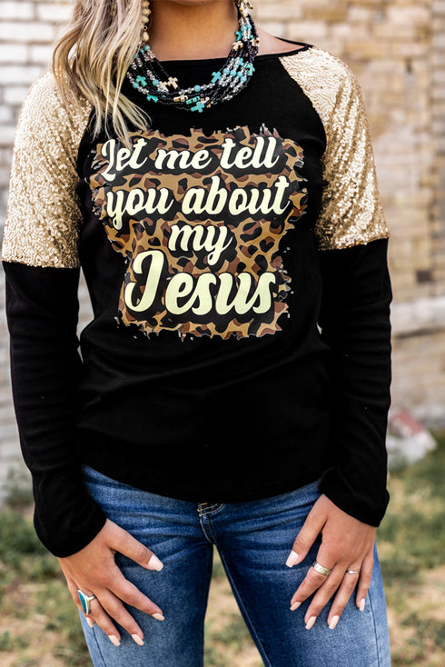 Black Leopard Letter Print Sequin Patchwork Long Sleeve Top